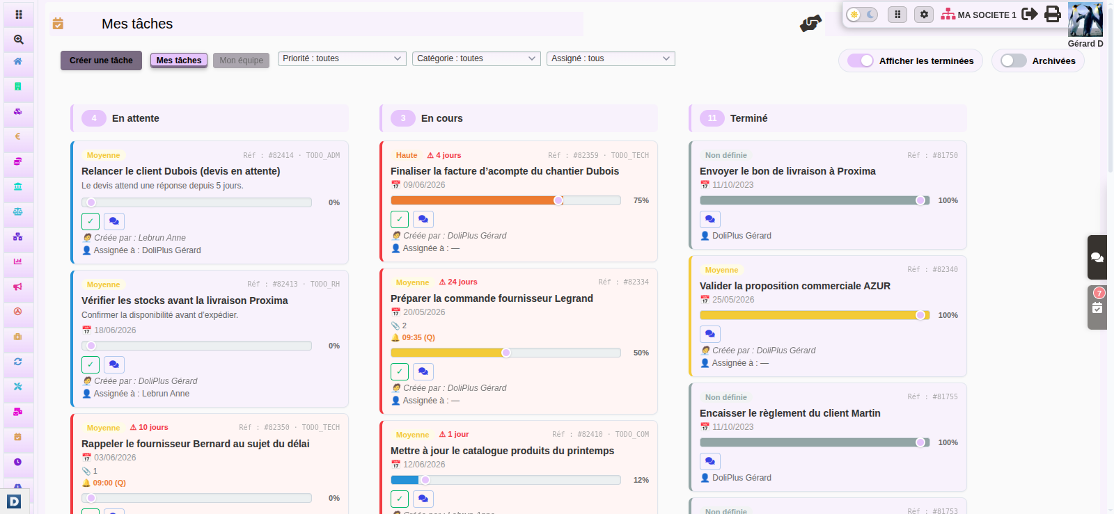 Logiciel de gestion de t&acirc;ches DoliPlus : tableau Kanban avec priorit&eacute;s, progression et d&eacute;l&eacute;gation