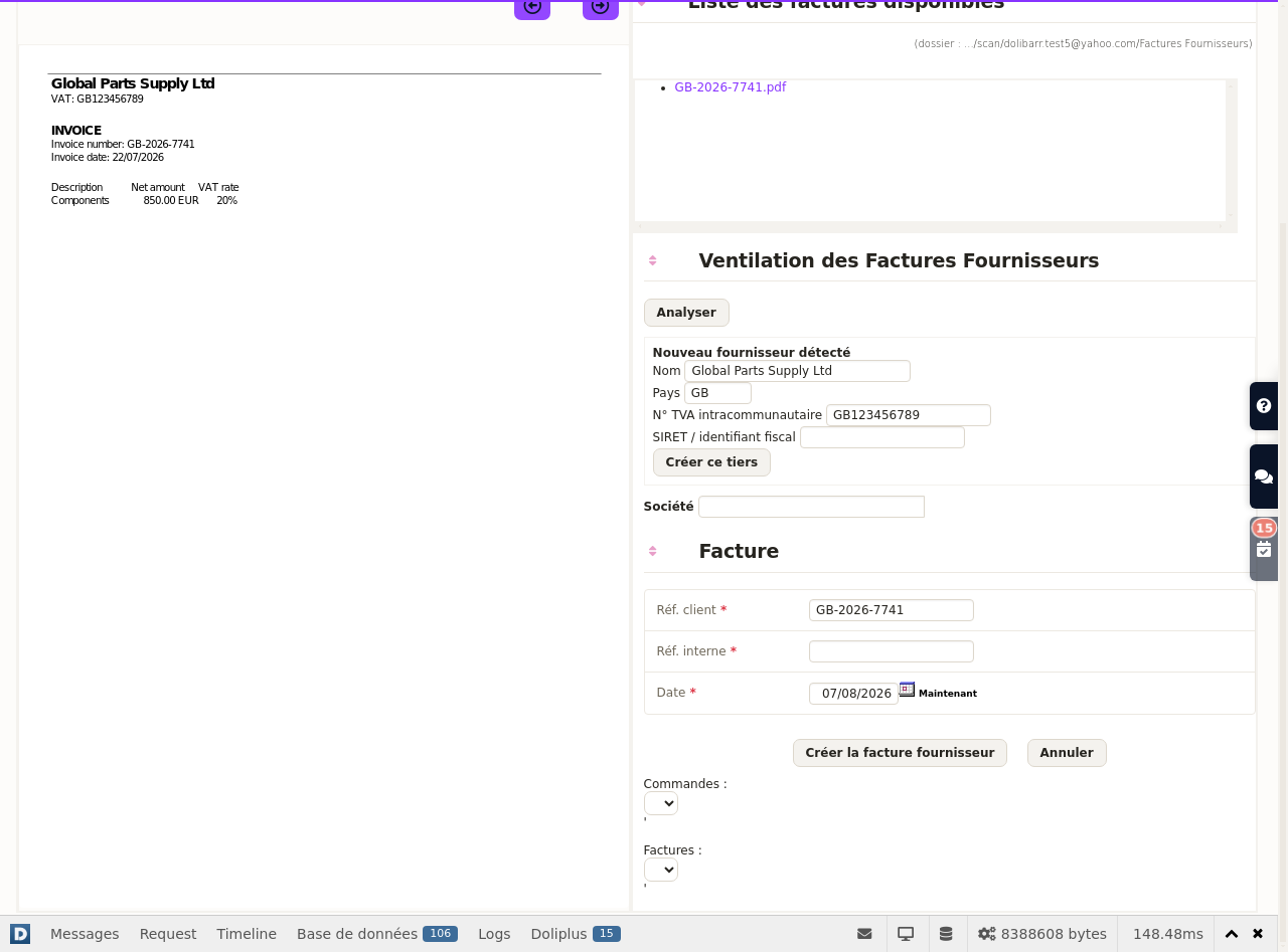 Invoice fornitori ricevute analizzate automaticamente con IA in DoliPlus