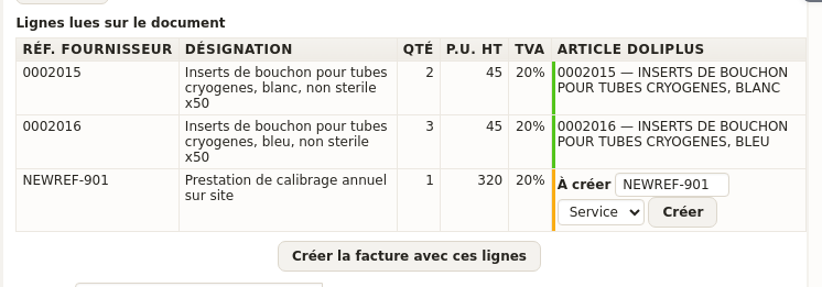 Invoice fornitori ricevute: le righe lette sono collegate al catalogo DoliPlus