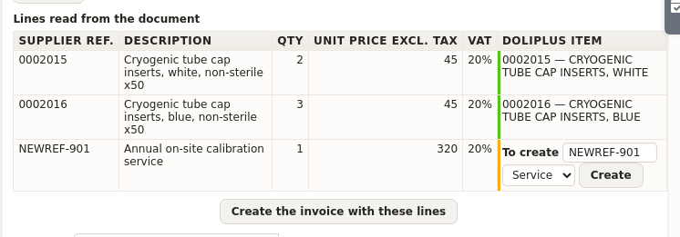 Supplier invoice automation: invoice lines matched against the DoliPlus catalogue