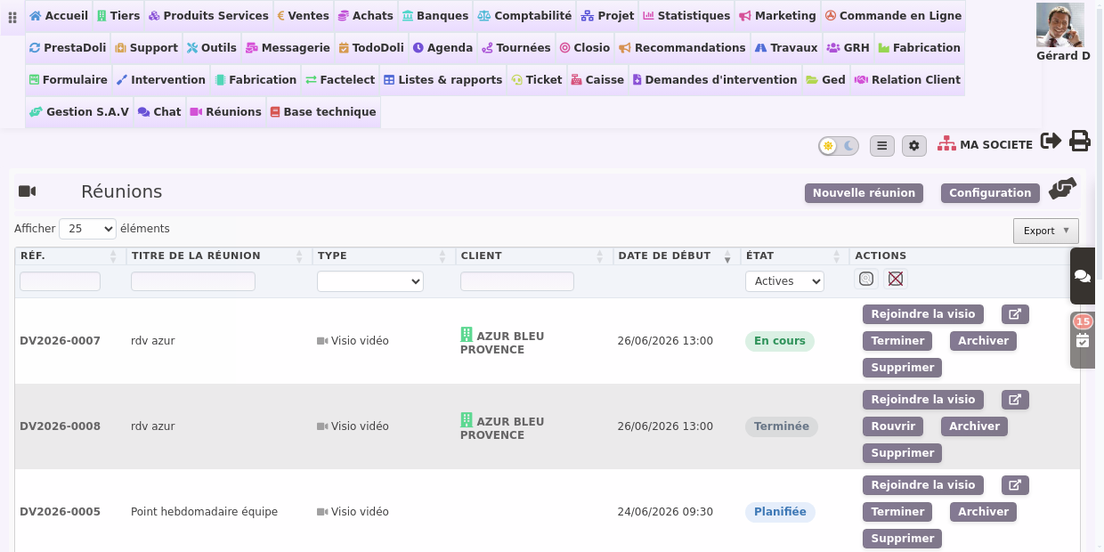 Logiciel de visioconférence intégré : la liste des réunions avec ses filtres et son export dans DoliPlus