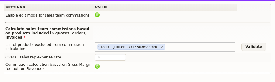 Sales commission management settings in DoliPlus: basis, excluded products and expense rate