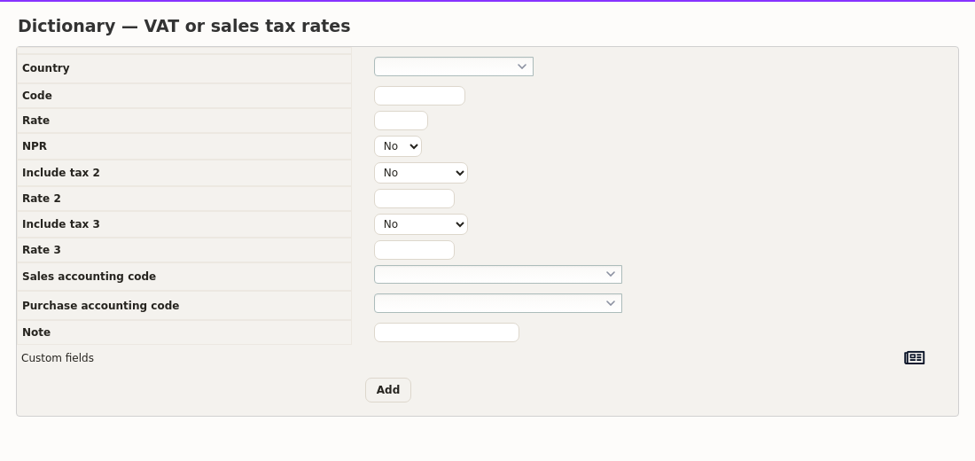 VAT rate setup: the entry form in the DoliPlus dictionary