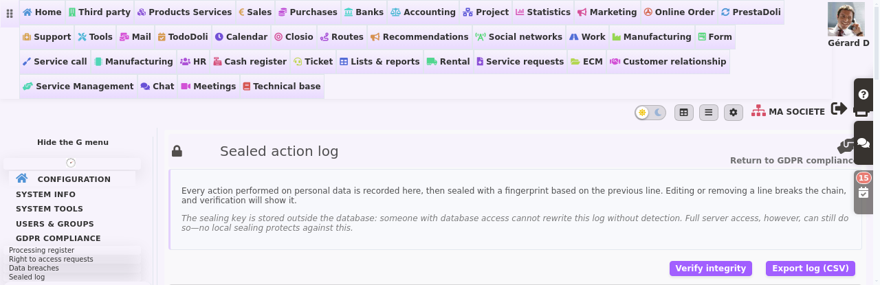 Sealed action log backing the GDPR record of processing activities