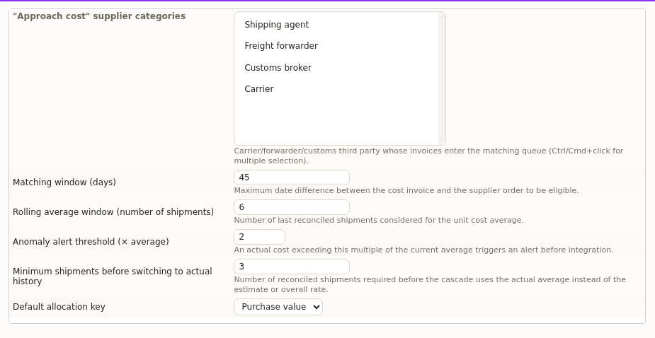Landed cost calculation settings in DoliPlus: matching window, rolling average and anomaly threshold