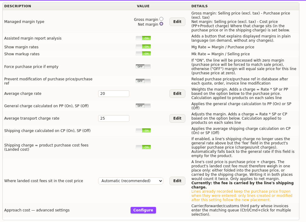 Profit margin calculation settings console in DoliPlus