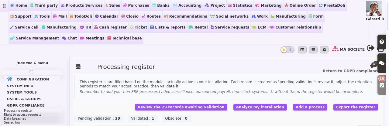 GDPR record of processing activities pre-filled in DoliPlus