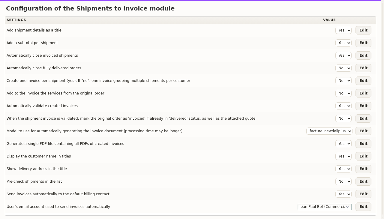 invoice multiple shipments: the settings page in DoliPlus