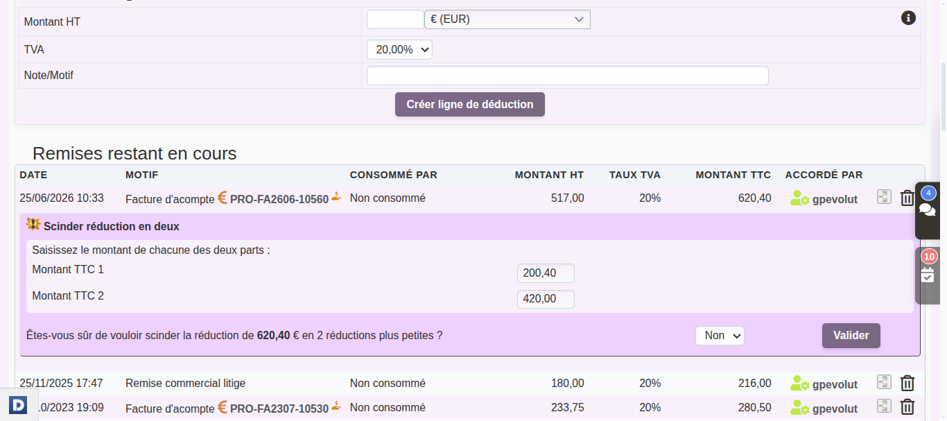 scinder une facture d&rsquo;acompte en deux dans DoliPlus