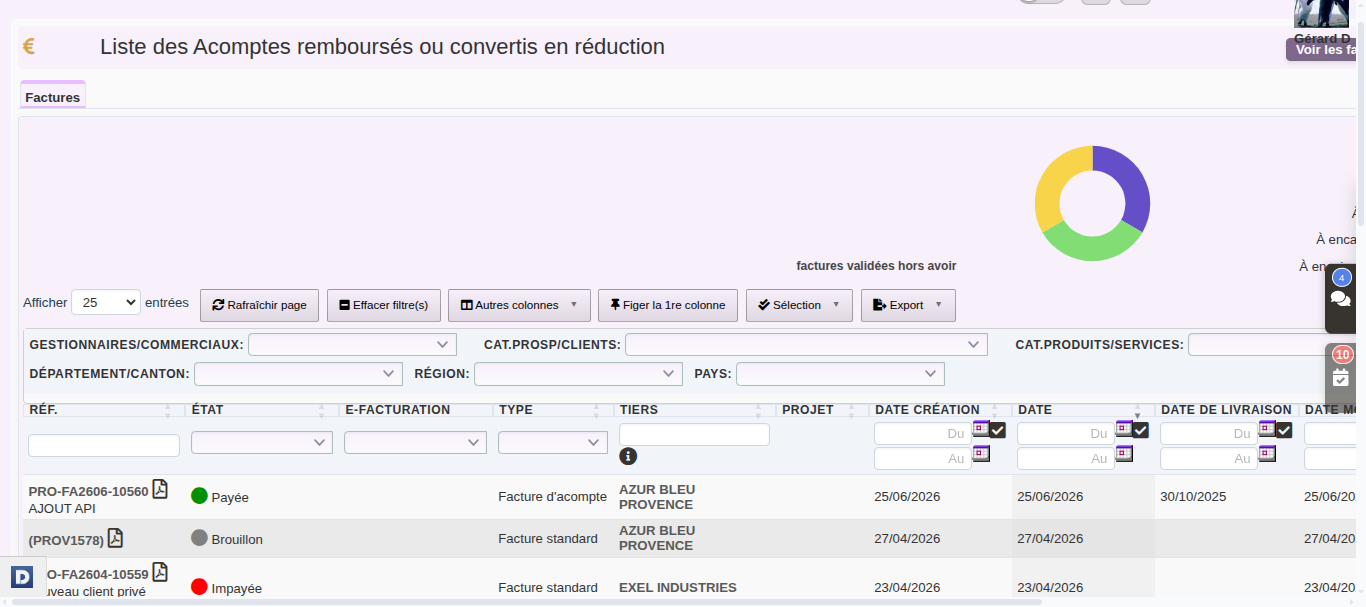 liste des acomptes rembours&eacute;s ou convertis en r&eacute;duction dans DoliPlus