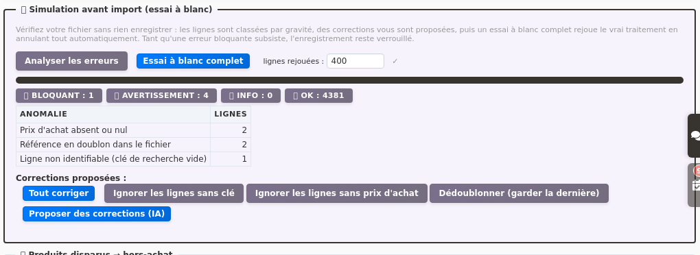 import des tarifs fournisseurs : bilan de simulation avant enregistrement dans DoliPlus