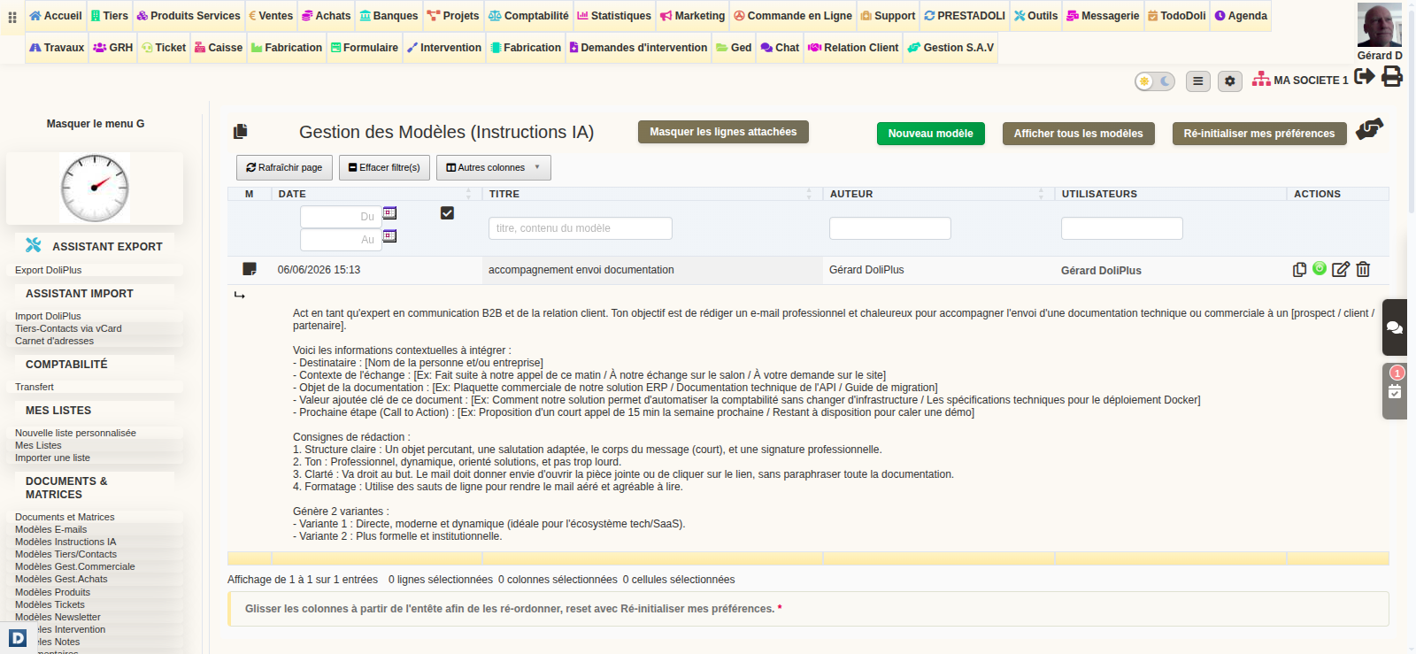 R&eacute;diger un email avec l'IA : page Mod&egrave;les Instructions IA dans DoliPlus
