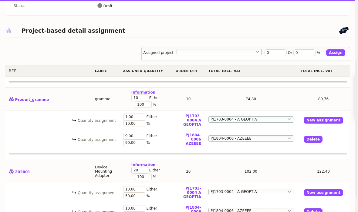 project planning software: one invoice split across several projects in DoliPlus