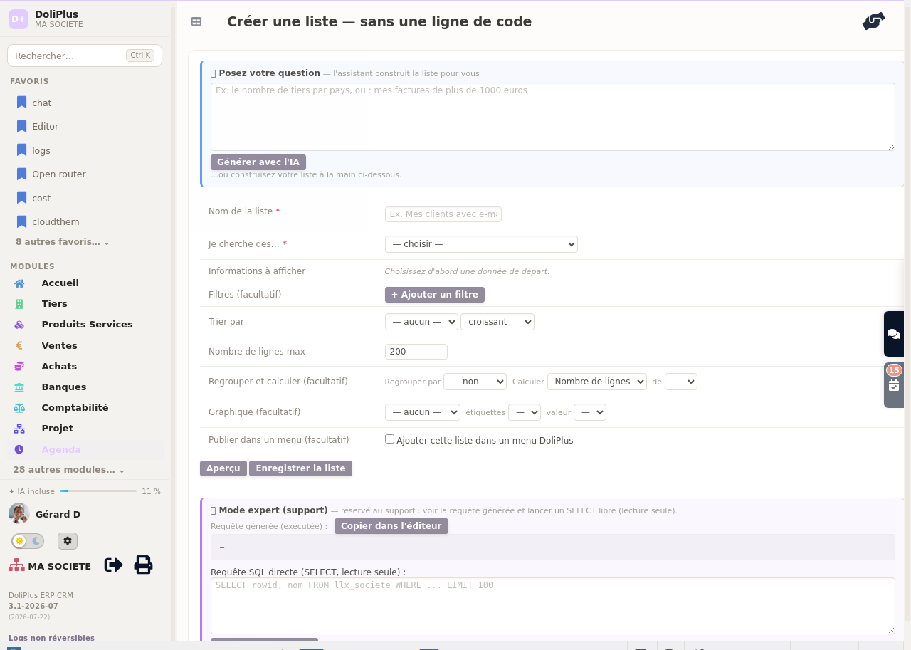 Listes personnalis&eacute;es : le constructeur avec assistant IA dans DoliPlus