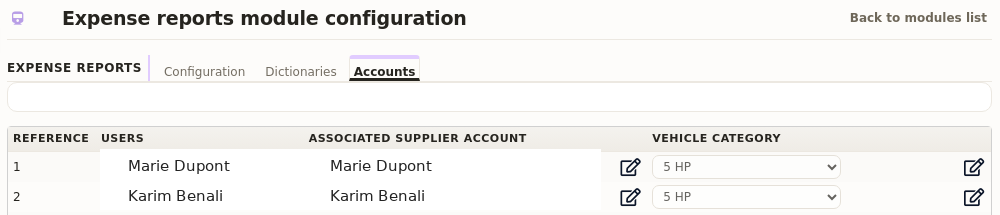 Expense report software: the supplier account linked to each employee in the Accounts tab