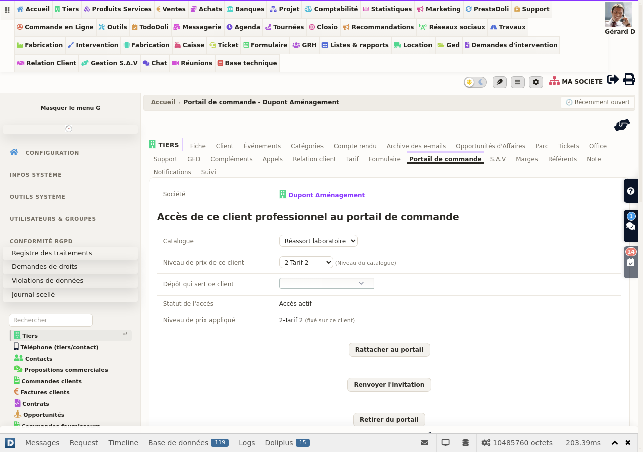 rattacher un client au portail extranet DoliPlus : catalogue, niveau de prix et d&eacute;p&ocirc;t