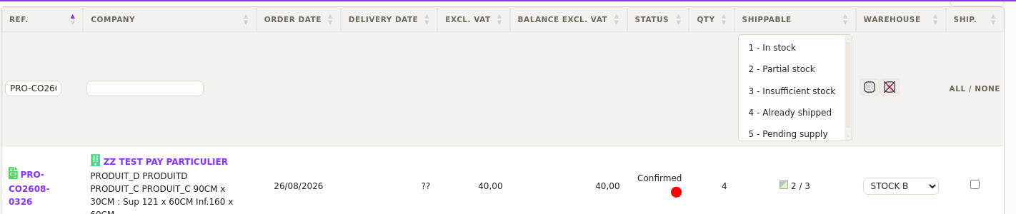 orders ready to ship list showing stock availability in DoliPlus