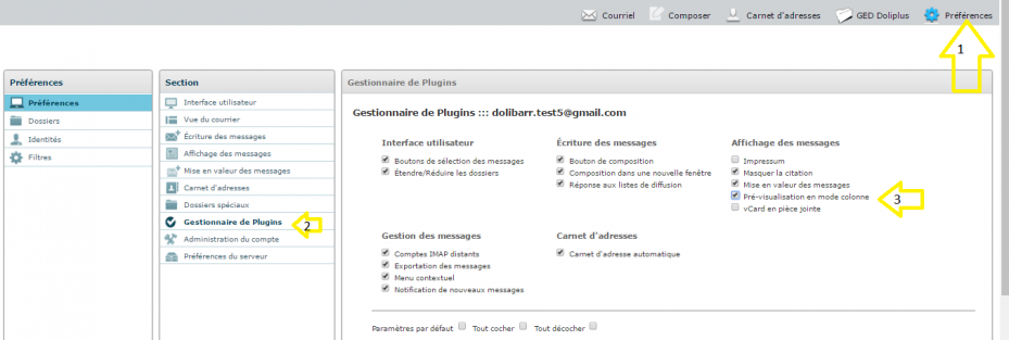 activer la messagerie en trois colonnes dans les pr&eacute;f&eacute;rences DoliPlus