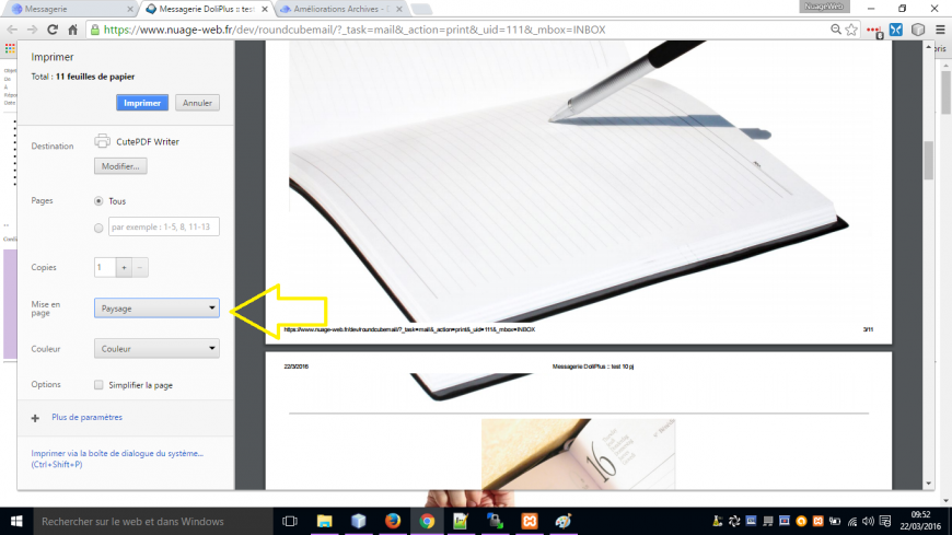 impression d&rsquo;un message en mode paysage sous Chrome