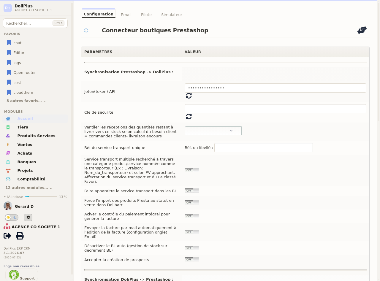 connecteur PrestaShop 9 pour DoliPlus : page de configuration