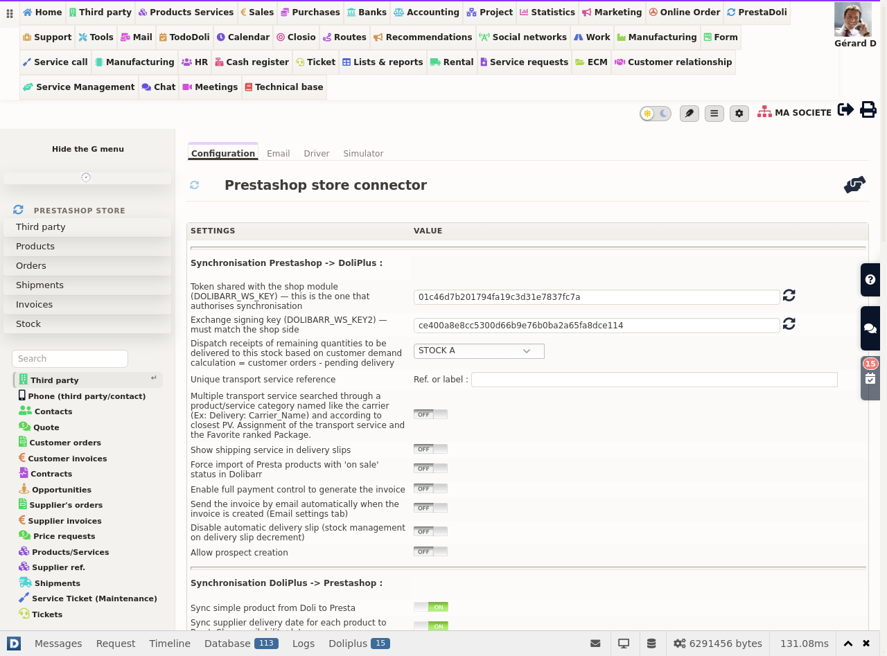 PrestaShop 9 connector: settings screen in DoliPlus