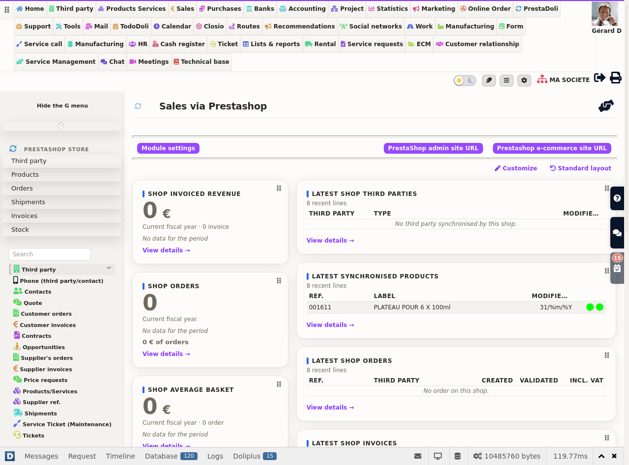 PrestaShop 9 connector: shop dashboard in DoliPlus