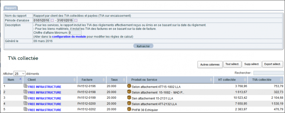 rapport de TVA par tiers et par taux avec d&eacute;tail des lignes dans DoliPlus