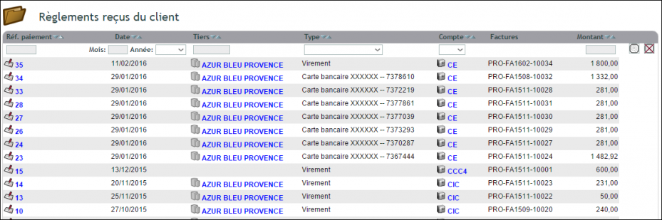 r&egrave;glements re&ccedil;us du client : liste tri&eacute;e par mois et par ann&eacute;e dans DoliPlus