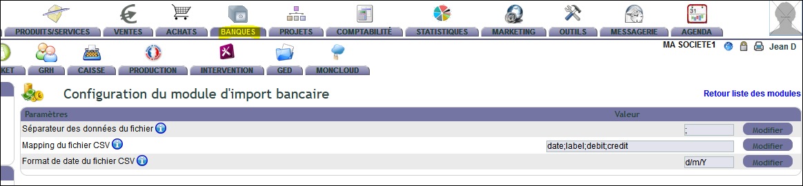 import des relev&eacute;s bancaires : configuration du fichier CSV dans DoliPlus