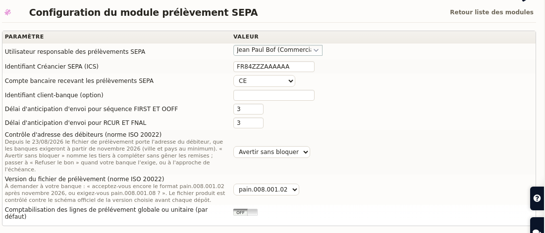 SEPA-Lastschriftkonfiguration in DoliPlus: ISO-20022-Adresspr&uuml;fung und Dateiversion