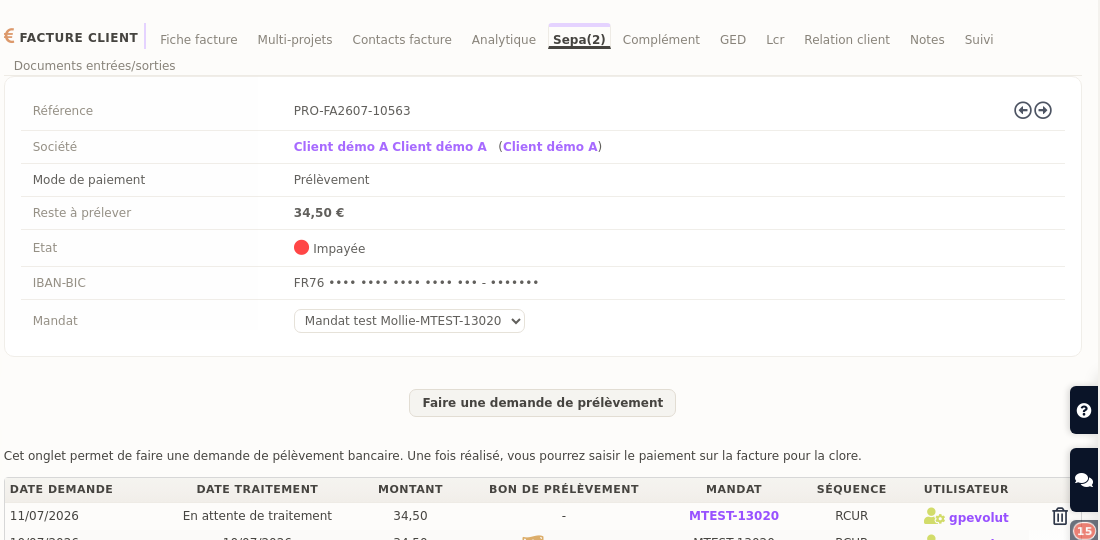 SEPA-Tab einer Kundenrechnung in DoliPlus: Mandat, ausstehende Abbuchung und Abbuchungsanfrage