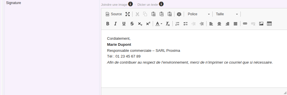 signature mail param&eacute;tr&eacute;e sur la fiche utilisateur DoliPlus