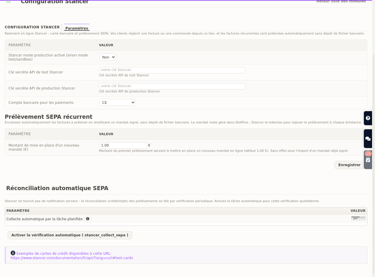 Pagamento online con Stancer: schermata di configurazione dell'addebito SEPA ricorrente in DoliPlus