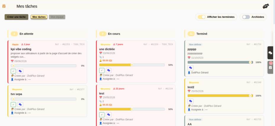 Gestion des t&acirc;ches DoliPlus : carte et niveau de priorit&eacute; dans le tableau Kanban TodoDoli