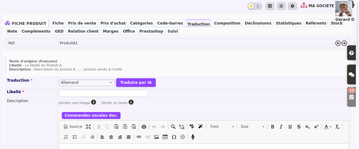 Cat&aacute;logo de productos multiling&uuml;e: el bot&oacute;n Traducir por IA en el registro de producto DoliPlus