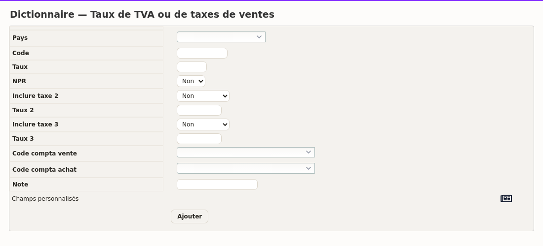 gestione dell'IVA: il modulo di inserimento di un'aliquota in DoliPlus