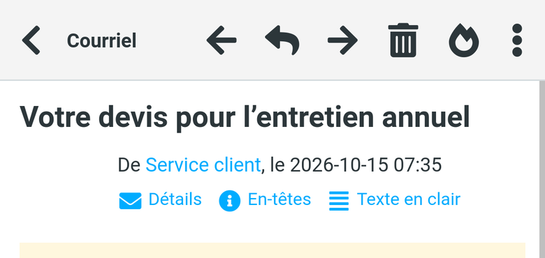 Webmail Roundcube sur t&eacute;l&eacute;phone : pr&eacute;c&eacute;dent, r&eacute;pondre, suivant, supprimer et pourriels dans la barre du haut